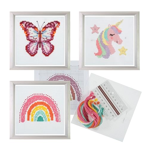 Trimits Kreuzstich-Set mit Zählmuster, Anfänger- und Anfänger-Starter-Set, komplett mit Anleitung (evtl. nicht in deutscher Sprache) und Faden, Kinder-Wanddekoration, 13 x 13 cm, Regenbogen, Einhorn, von Trimits