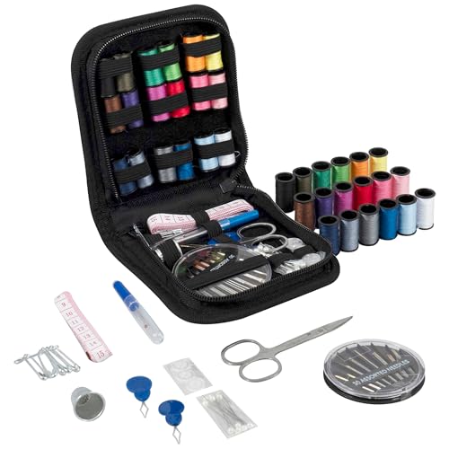 Trimits Reise-Nähset – tragbare Tasche für Erwachsene, Anfänger, DIY, Zuhause, Reisen, Notfall, Knopfreparatur & Kleidung Fixes mit Fadennadeln, Schere, Klebeband, Knöpfen und mehr – 12,5 x 12 x 3 cm von Trimits
