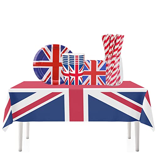 146 Stück King Union Jack Geschirr Einwegteller Servietten Becher Tischdecke Abdeckung Strohhalme für King Charles III Geburtstagsparty UK British Royal Thema Events Street Party Supplies Set von Trimming Shop