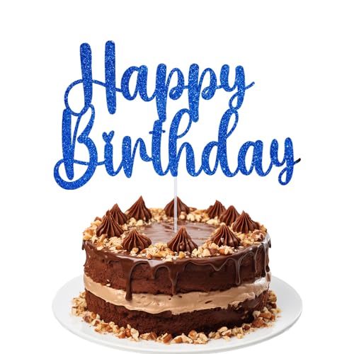 Happy Birthday Cake Toppers, Geburtstag Kuchen Deko, Glitter Happy Birthday Cake Topper Picks für Kinder Erwachsene Geburtstag Party Feier, Table Center Piece, Blau von Trimming Shop