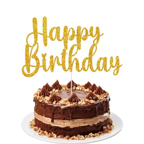 Happy Birthday Cake Toppers, Geburtstag Kuchen Deko, Glitter Happy Birthday Cake Topper Picks für Kinder Erwachsene Geburtstag Party Feier, Table Center Piece, Gold von Trimming Shop