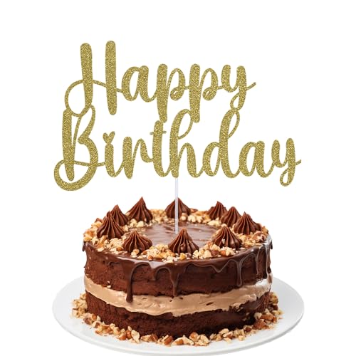 Happy Birthday Cake Toppers, Geburtstag Kuchen Deko, Glitter Happy Birthday Cake Topper Picks für Kinder Erwachsene Geburtstag Party Feier, Table Center Piece, Hellgold von Trimming Shop