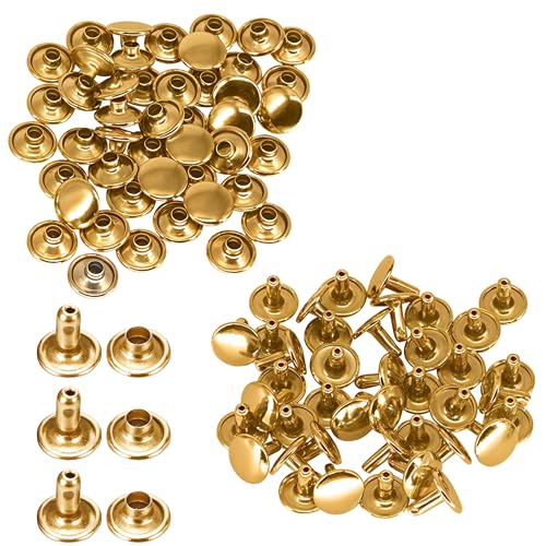 Trimming Shop 100 X 6MM Zwei Stücke Doppel Kappe Tubular Nieten für Leder Handwerk und Bekleidung Reparatur - Gold, 9mm von Trimming Shop