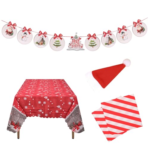 Trimming Shop 37-teiliges Weihnachts-Party-Geschirr-Set, 1 x rechteckige Weihnachtstischdecken 180 x 150 cm, 20 x rot-weiße Servietten, 6 x Besteckhalter, 1 x Weihnachtsbanner für von Trimming Shop