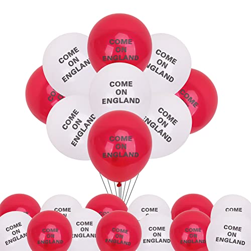Trimming Shop 50 Stück rote und weiße Luftballons mit Aufschrift "Come on England", Premium-Qualität, Heliumqualität, für Fußball-Weltmeisterschaft 2022, St. George Day, Sportveranstaltungen, von Trimming Shop