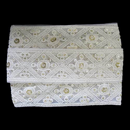 Trimming Shop Band mit Blumenstickerei, indische Spitze, Pailletten, Nieten, zum Nähen, Basteln, Verzierung, Hochzeit, Brautkleider, modische Kleidung, weiß, 55 mm breit, 4 m Trimming Shop Band mit Blumenstickerei, indische Spitze, Pailletten, Nieten, zum Nähen, Basteln, Verzierung, Hochzeit, Brautkleider, modische Kleidung, weiß, 55 mm breit, 4 m von Trimming Shop