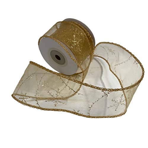 Trimming Shop Gold Organza Ribbon Christmas Snowflakes Ribbon 50mm Wide Gift Wrapping Sheer Glitter Ribbon for DIY Crafts, Xmas Tree Christmas Wreath Decoration, 10 Meter von Trimming Shop