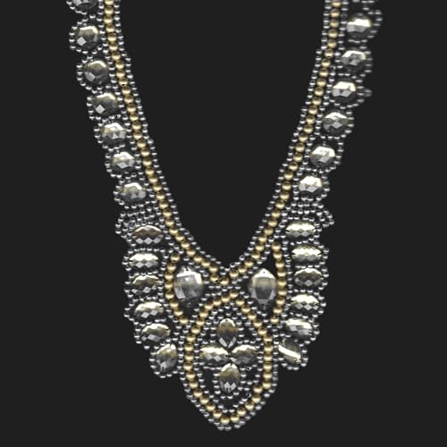 Trimming Shop Gold- und silberfarbene Perlen mit Strasssteinen bestickt, V-förmiger Ausschnitt, Applikation auf schwarzem Netzstoff, für Kleider, Jacken, Oberteile, 50 Stück von Trimming Shop