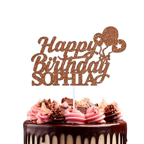 Trimming Shop Personalisierte Happy Birthday Cake Topper, doppelseitiges Glitzer-Ballon-Design, personalisiert mit jedem Namen, Kuchenpicks, Themen-Geburtstagsparty-Zubehör, Kuchendekorationen, Braun von Trimming Shop