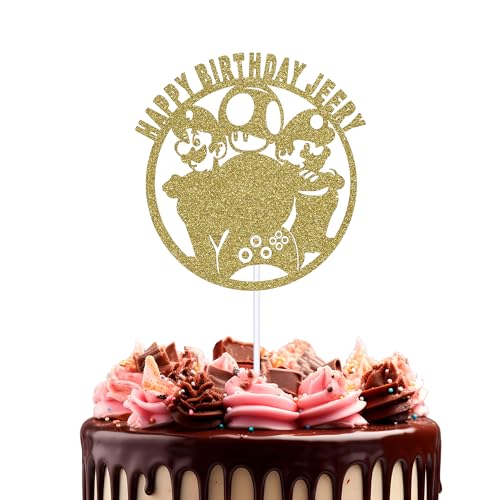 Trimming Shop Tortenaufsatz "Happy Birthday", doppelseitiger Glitzer, individuelle Farbe mit jedem Namen, Kuchenspieße für Gaming-Liebhaber, Geburtstagsparty-Zubehör, Kuchendekorationen, Hellgold von Trimming Shop