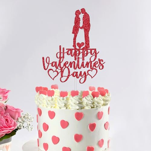 Trimming Shop Tortenaufsatz "Happy Valentine's Day", roter Glitzer, doppelseitig, für Paare, Herzen, Kuchendekoration für Valentinstag, Hochzeitstag, Partyzubehör von Trimming Shop