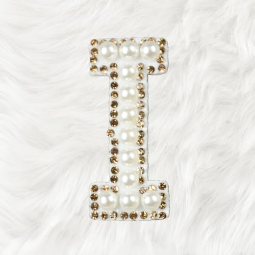 Trimming Shop Weiße Perle mit goldfarbenen Strasssteinen, Buchstaben-Aufnäher, Alphabet "I", zum Aufbügeln oder Aufnähen, dekorative Reparaturapplikation für Kleidung, Taschen, Rucksäcke, DIY, Kunst von Trimming Shop