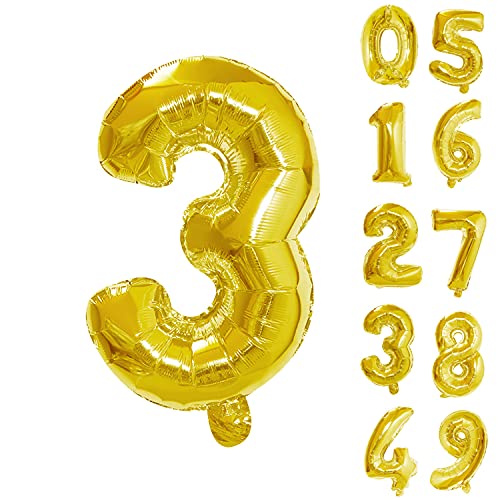 Trimming Shop Zahlenballons, 16 Zoll Nummer 3 Gold Ballon Selbstaufblasend Luftgefüllte Kleine Folie Ziffern Ballon für Geburtstag Party Hochzeit Jahrestag Feier Dekoration Supplies von Trimming Shop