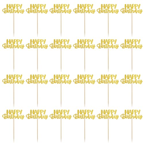 24 Stück Happy Birthday Tortendeko Geburtstag Cupcake Topper Glitzer Cake Topper Birthday Kuchen Topper Gold Cupcake Pick für Babyparty Kindergeburtstag Party Dekoration von Trinkrittey