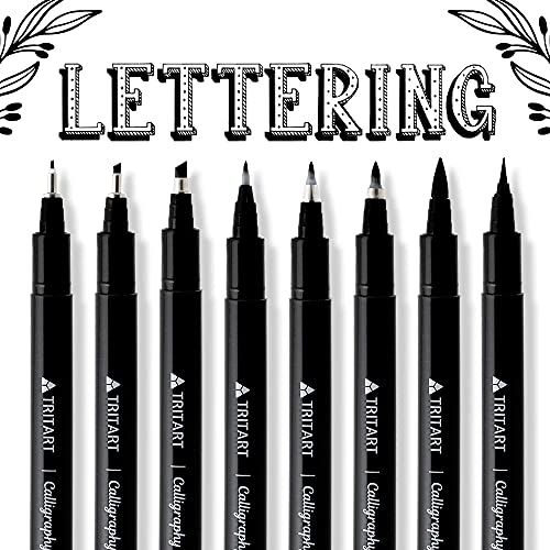 Tritart Kalligraphie Stifte Set – 8 Pinselstifte, Brush Pens mit verschiedenen Stiftspitzen – schwarze Filzstifte mit feinster Japan -Tusche – Handlettering Fineliner und Malstifte von Tritart