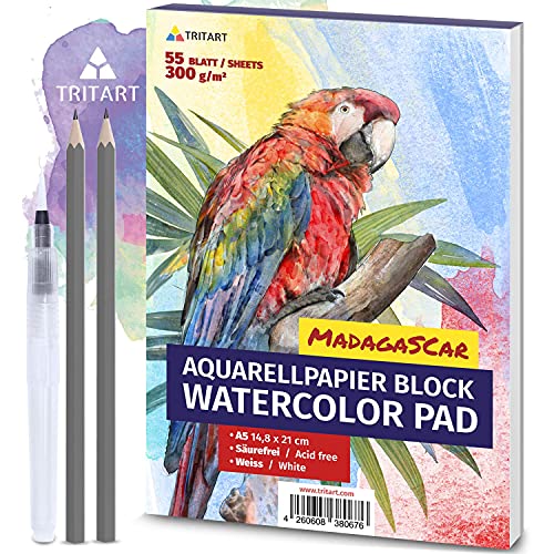 Tritart 55 Blatt Aquarellpapier A5 300g Set - Aquarellblock Din A5 - Aquarell Papier in Weiß - Malpapier inkl. Water Brush Wassertankpinsel und 2 Bleistifte von Tritart