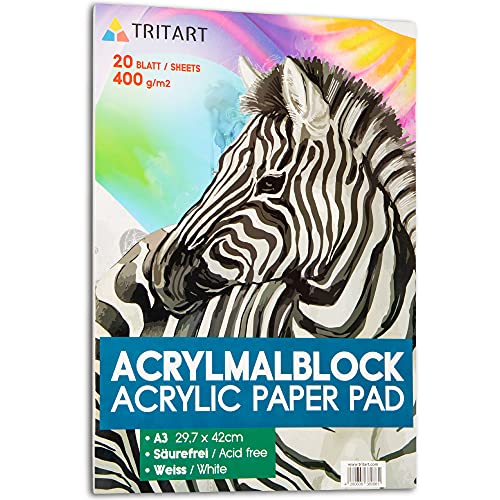 Tritart Acryl-Papier A3 400g/m2 | Malblock für Acrylfarben 20 Blatt weiß | hochwertiges Acryl Zeichenpapier säurefrei | schweres Malpapier für Acrylmalerei und Ölmalerei | kopfseitig geleimt Tritart Acryl-Papier A3 400g/m2 | Malblock für Acrylfarben 20 Blatt weiß | hochwertiges Acryl Zeichenpapier säurefrei | schweres Malpapier für Acrylmalerei und Ölmalerei | kopfseitig geleimt von Tritart