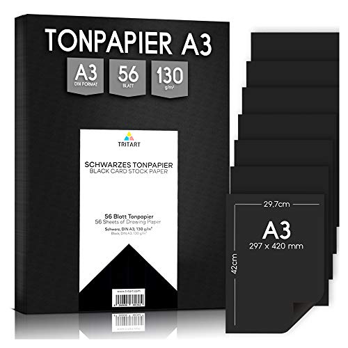 Tritart - Tonpapier Schwarz A3 130g /m² I 56 Blatt festes Bastelpapier HOCHWERTIG I stabiles kreativ Zeichenpapier zum Basteln und Malen I Fester Zeichenkarton von Tritart