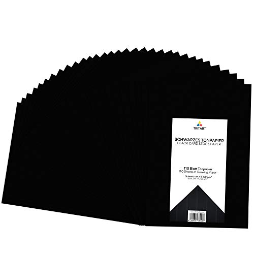 Tritart Tonpapier Schwarz A4 130g/m² - 110 Blatt schwarzes Papier - Tonzeichenpapier Bastelpapier - Fest und Stabil - Zeichenpapier Scherenschnittpapier - Schwarze Pappe von Tritart