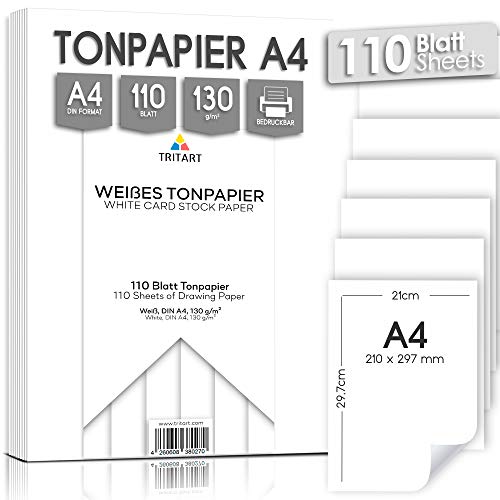 Tritart Tonpapier Weiß A4 130g/m² - 110 Blatt weißes Papier - Tonzeichenpapier Bastelpapier - Fest und Stabil - Zeichenpapier Scherenschnittpapier - Weiße Pappe von Tritart