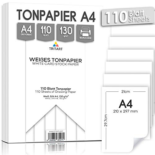 Tritart - Tonpapier Weiß A4 130g /m² I 110 Blatt festes Bastelpapier HOCHWERTIG I stabiles kreativ Zeichenpapier zum Basteln und Malen I Fester Zeichenkarton I DIY Tonzeichenpapier Weiß von Tritart