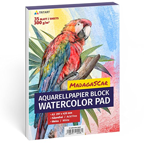 Tritart weißes A3 Aquarellpapier 300 g/m² - 35 Blatt Aquarellblock DIN A3 - Aquarell Malpapier - 35x Watercolor paper Aquarell Papier für Wasserfarben - Acrylpapier in weiß von Tritart