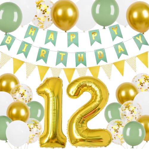 12 Geburtstag Junge Mädchen, 12.Geburtstag Banner Grünes Gold mit Gold Dreieck Flagge Bunting Banner, 24 Pcs 12 in Happy Birthday Ballons für 12 Mädchen und Jungen Geburtstagsfeier Deko 12 Geburtstag Junge Mädchen, 12.Geburtstag Banner Grünes Gold mit Gold Dreieck Flagge Bunting Banner, 24 Pcs 12 in Happy Birthday Ballons für 12 Mädchen und Jungen Geburtstagsfeier Deko von Trivunpis