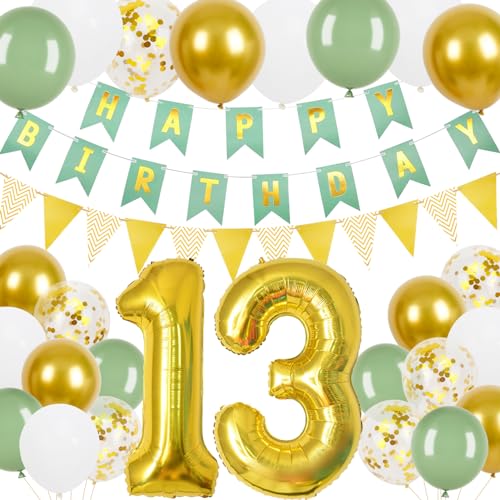 13 Geburtstag Junge Mädchen, 13.Geburtstag Banner Grünes Gold mit Gold Dreieck Flagge Bunting Banner, 24 Pcs 12 in Happy Birthday Ballons für 13 Mädchen und Jungen Geburtstagsfeier Deko 13 Geburtstag Junge Mädchen, 13.Geburtstag Banner Grünes Gold mit Gold Dreieck Flagge Bunting Banner, 24 Pcs 12 in Happy Birthday Ballons für 13 Mädchen und Jungen Geburtstagsfeier Deko von Trivunpis