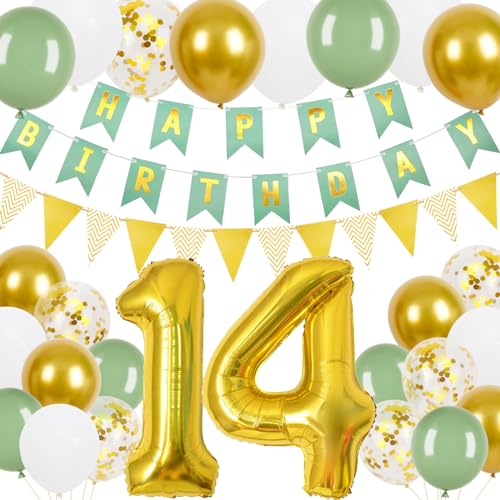 14 Geburtstag Junge Mädchen, 14.Geburtstag Banner Grünes Gold mit Gold Dreieck Flagge Bunting Banner, 24 Pcs 12 in Happy Birthday Ballons für 14 Mädchen und Jungen Geburtstagsfeier Deko 14 Geburtstag Junge Mädchen, 14.Geburtstag Banner Grünes Gold mit Gold Dreieck Flagge Bunting Banner, 24 Pcs 12 in Happy Birthday Ballons für 14 Mädchen und Jungen Geburtstagsfeier Deko von Trivunpis