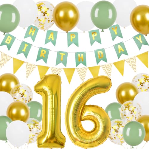 16 Geburtstag Junge Mädchen, 16.Geburtstag Banner Grünes Gold mit Gold Dreieck Flagge Bunting Banner, 24 Pcs 12 in Happy Birthday Ballons für 16 Mädchen und Jungen Geburtstagsfeier Deko 16 Geburtstag Junge Mädchen, 16.Geburtstag Banner Grünes Gold mit Gold Dreieck Flagge Bunting Banner, 24 Pcs 12 in Happy Birthday Ballons für 16 Mädchen und Jungen Geburtstagsfeier Deko von Trivunpis