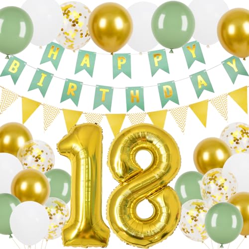 18 Geburtstag Junge Mädchen, 18.Geburtstag Banner Grünes Gold mit Gold Dreieck Flagge Bunting Banner, 24 Pcs 12 in Happy Birthday Ballons für 18 Mädchen und Jungen Geburtstagsfeier Deko 18 Geburtstag Junge Mädchen, 18.Geburtstag Banner Grünes Gold mit Gold Dreieck Flagge Bunting Banner, 24 Pcs 12 in Happy Birthday Ballons für 18 Mädchen und Jungen Geburtstagsfeier Deko von Trivunpis