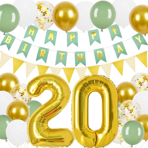 20 Geburtstag Deko, 20.Geburtstag Banner Grünes Gold mit Gold Dreieck Flagge Bunting Banner, 24 Pcs 12 in Happy Birthday Ballons Für 20 frau und Mann Geburtstagsfeier Deko 20 Geburtstag Deko, 20.Geburtstag Banner Grünes Gold mit Gold Dreieck Flagge Bunting Banner, 24 Pcs 12 in Happy Birthday Ballons Für 20 frau und Mann Geburtstagsfeier Deko von Trivunpis