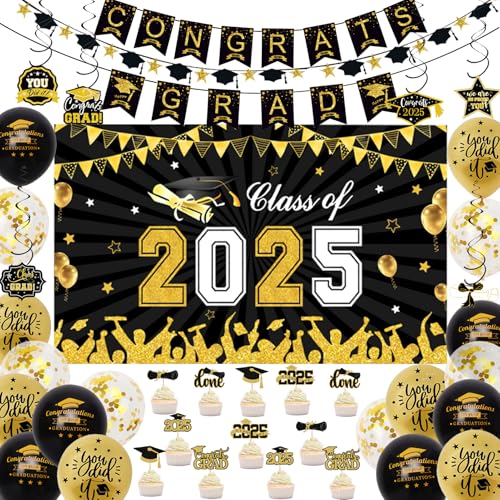 Das Abschlussdekorationsset 2025 beinhaltet Hintergrund der Klasse 2025, Congrats Grade Banner, Luftballons und Cupcake-Topper für 2025 Ballons, Abschlussfeierzubehör Das Abschlussdekorationsset 2025 beinhaltet Hintergrund der Klasse 2025, Congrats Grade Banner, Luftballons und Cupcake-Topper für 2025 Ballons, Abschlussfeierzubehör von Trivunpis