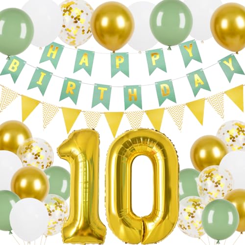 Geburtstagsdeko 10 Junge Mädchen, 10.Geburtstag Banner Grünes Gold mit Gold Dreieck Flagge Bunting Banner, 24 Pcs 12 in Happy Birthday Ballons für 10 Mädchen und Jungen Geburtstagsfeier Deko Geburtstagsdeko 10 Junge Mädchen, 10.Geburtstag Banner Grünes Gold mit Gold Dreieck Flagge Bunting Banner, 24 Pcs 12 in Happy Birthday Ballons für 10 Mädchen und Jungen Geburtstagsfeier Deko von Trivunpis