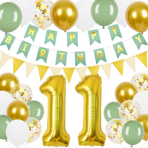 Geburtstagsdeko 11 Jahre Mädchen, 11.Geburtstag Banner Grünes Gold mit Gold Dreieck Flagge Bunting Banner, 24 Pcs 12 in Happy Birthday Ballons für 11 Mädchen und Jungen Geburtstagsfeier Deko Geburtstagsdeko 11 Jahre Mädchen, 11.Geburtstag Banner Grünes Gold mit Gold Dreieck Flagge Bunting Banner, 24 Pcs 12 in Happy Birthday Ballons für 11 Mädchen und Jungen Geburtstagsfeier Deko von Trivunpis