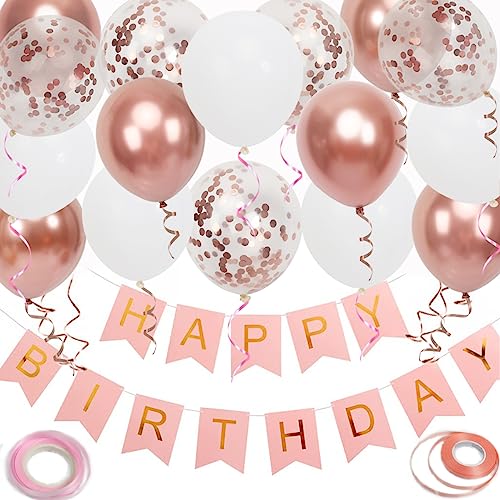 Geburtstagsdeko, Birthday Decorations, Happy Birthday Girlande, Happy Birthday Deko, 16-pcs 12-inch Happy Birthday Ballon mit 2-Bändern für Mädchen und Frauen Geburtstag Deko（Roségold） von Trivunpis