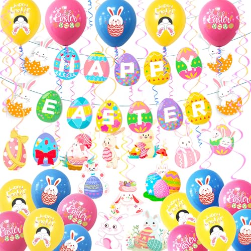 Osterdeko Wiederverwendbare, Frohe Ostern Banner, Osterballoons und Ostereier Spiral zum Aufhängen für Kinder Osterfeier Drinnen Draußen Garten Party Dekoration Osterdeko Wiederverwendbare, Frohe Ostern Banner, Osterballoons und Ostereier Spiral zum Aufhängen für Kinder Osterfeier Drinnen Draußen Garten Party Dekoration von Trivunpis