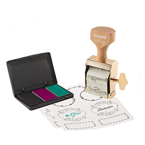 Trodat Vintage Glückwünsche Set zum kreativen Gestalten – 6 Abdruckmotive, Deutsch, Kreativstempel in vintage Optik inkl. Stempelkissen in Schwarz, Grün, Pink, 30x5 mm, 12 Etiketten in 3 Designs Trodat Vintage Glückwünsche Set zum kreativen Gestalten – 6 Abdruckmotive, Deutsch, Kreativstempel in vintage Optik inkl. Stempelkissen in Schwarz, Grün, Pink, 30x5 mm, 12 Etiketten in 3 Designs von Trodat