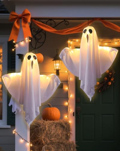 Halloween Deko Geist Mit Warmweißen LED, 2 Stück 50cm Halloween Geistergesicht Windsack, Hängende Dekoration Geeignet für Hof, Garten, Terrasse, Rasen, Partydekor von Trongle
