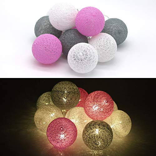 Tronje 10 LED Baumwollkugeln 6cm - 1,9m Kugel-Lichterkette 4h-Timer batteriebetrieben Lichterkugeln Pink-Grau von Tronje