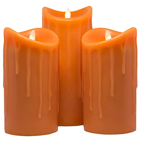 Tronje LED Echtwachskerzen 3er Set mit Timer - 18/18/23 cm Kerzen Orange Wachstropfen mit beweglicher Flamme von Tronje