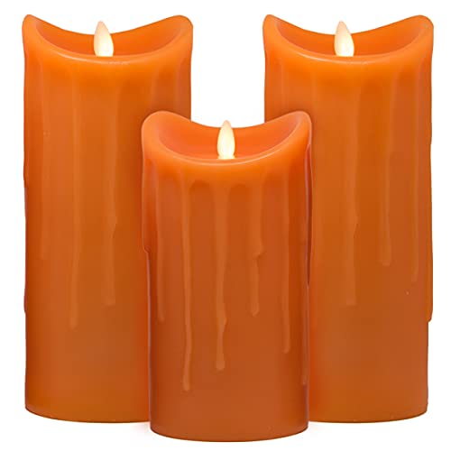 Tronje LED Echtwachskerzen 3er Set mit Timer - 18/23/23 cm Kerzen Orange Wachstropfen mit beweglicher Flamme von Tronje