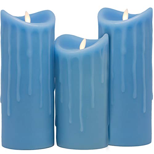 Tronje LED Echtwachskerzen 3er Set mit Timer - 23/18/23 cm Kerzen Blau Wachstropfen mit beweglicher Flamme von Tronje