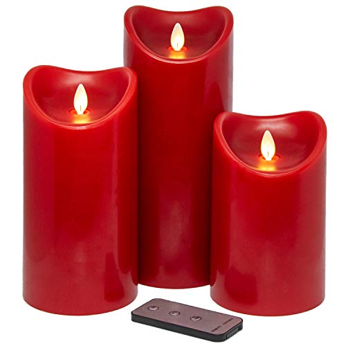 Tronje LED Echtwachskerzen 3er Set mit Timer u. Fernbedienung 15/19/23cm Kerzen mit beweglicher Flamme Rot von Tronje