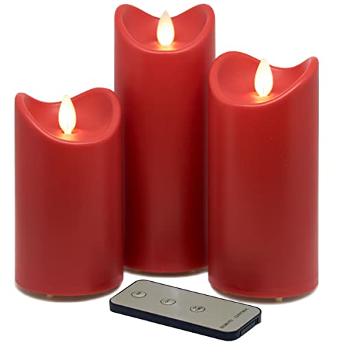 Tronje LED Outdoor Kerzen - 3er Set mit Timer u. Fernbedienung - 13/15/18cm Stumpenkerzen Rot - beweglicher Flamme - IP44 UV Hitzebeständig von Tronje
