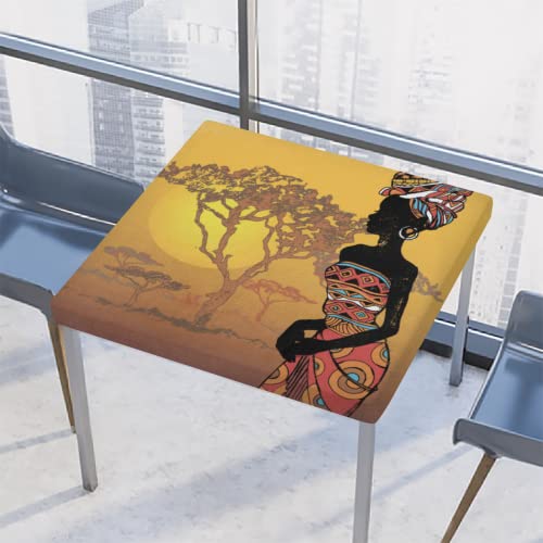 Quadratische Tischdecke Tribal afrikanische Frau Muster taillierte Tischdecke mit elastischem Rand, wasserdichte Polyester-Tischdecke für drinnen und draußen, Party, Terrasse, 116,8 x 116,8 cm von TropicalLife