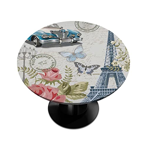 Runde Tischdecke für 1,1-1,4 m runde Tische, Vintage, Paris, Eiffelturm, Rose, Blume, altes Auto, runde Tischdecke, Polyester, wasserdicht, auslaufsicher, Tischdecke für Esszimmer, Küche, Restaurant von TropicalLife