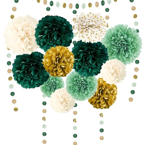 Partydekoration Pompons 15 Stück Grün Gold Weiß Seidenpapier Pompons Deko mit Tissue Papier Pom Poms und Dots Papier Girlande für Hochzeit Abschlussball Babyparty Geburtstag von Trrrioosy