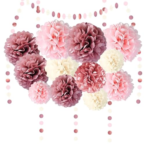 Partydekoration Pompons 15 Stück Rosa Weiß Seidenpapier Pompons Deko mit Tissue Papier Pom Poms und Dots Papier Girlande für Hochzeit Abschlussball Babyparty Geburtstag von Trrrioosy
