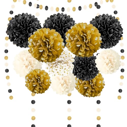 Partydekoration Pompons 15 Stück Schwarz Gold Weiß Seidenpapier Pompons Deko mit Tissue Papier Pom Poms und Dots Papier Girlande für Hochzeit Abschlussball Babyparty Geburtstag von Trrrioosy